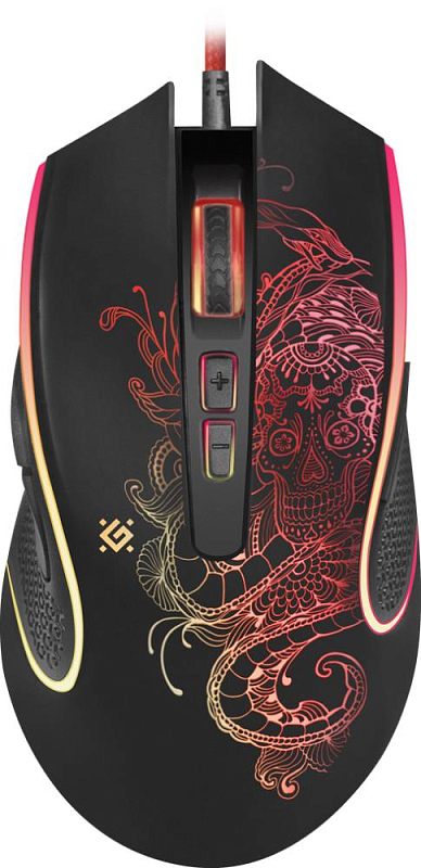 Фото-1 Проводная мышь Defender GM-640L, чёрная, вид сверху; на корпусе рисунок черепа и змеи, колесо прокрутки с подсветкой, две центральные кнопки и светящиеся боковые контуры; изображение показывает декоративный рисунок и компоновку органов управления игровой модели.