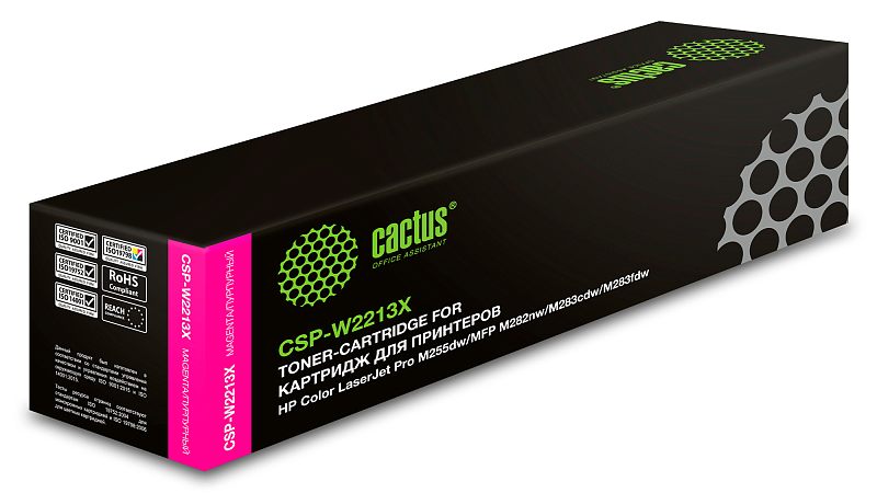 Фото-1 Тонер-картридж Cactus CSP-W2213X, пурпурный, коробка в ракурсе спереди-слева. На фото длинная чёрная упаковка с пурпурной боковой полосой, зелёным логотипом и маркировкой модели X-серии на лицевой стороне. Изображение показывает упаковку и обозначение цвета картриджа, что важно для страницы расходного материала.