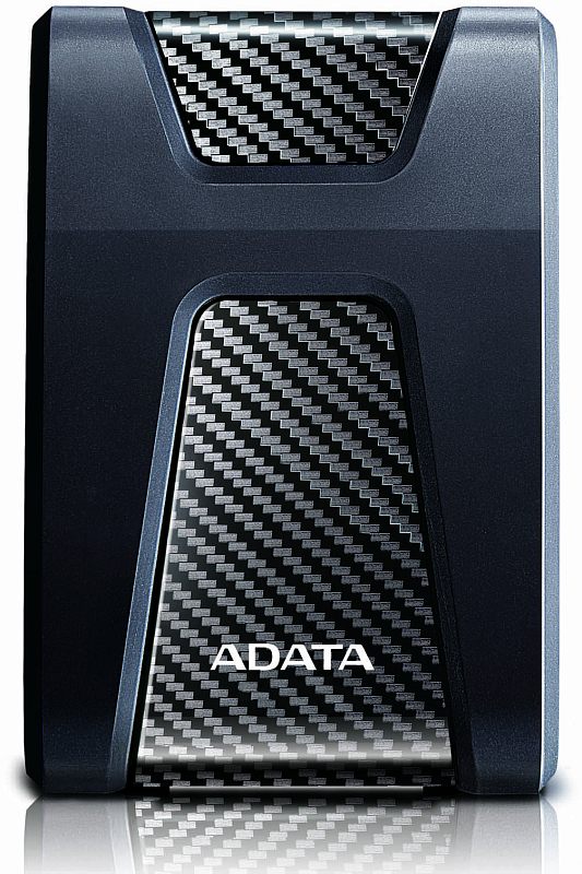 Фото-1 Внешний HDD ADATA HD650 2TB, фронтальный вид; чёрный корпус с широкими боковыми накладками, центральная вставка с рисунком под карбон и логотип ADATA