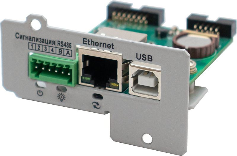 Фото-1 Карта сетевого управления Штиль IC‑SNMP Web, вид под углом: серая лицевая планка с клеммой «Сигнализация RS485» (1–4, B, A), портом Ethernet (RJ‑45) и разъёмом USB‑B; зелёная плата на белом фоне; важно для страницы, чтобы увидеть разъёмы и маркировку интерфейсов.
