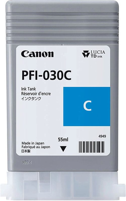 Фото-1 Картридж Canon PFI-030C 3490C001, вид спереди без упаковки; на фото серый резервуар с белой этикеткой, голубым цветовым квадратом C, прозрачным нижним основанием и указанием 55 ml, изображение помогает показать модель и цвет струйного картриджа на странице товара.