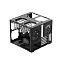 Фото-10 Корпус ПК Fractal Design Node 804, чёрный &mdash; каркас, вид со стороны задней панели; два крупных круглых выреза под вентиляторы, четыре слота расширения и боковая перфорация. Контекст: демонстрация задних креплений вентиляторов и слотов PCI.