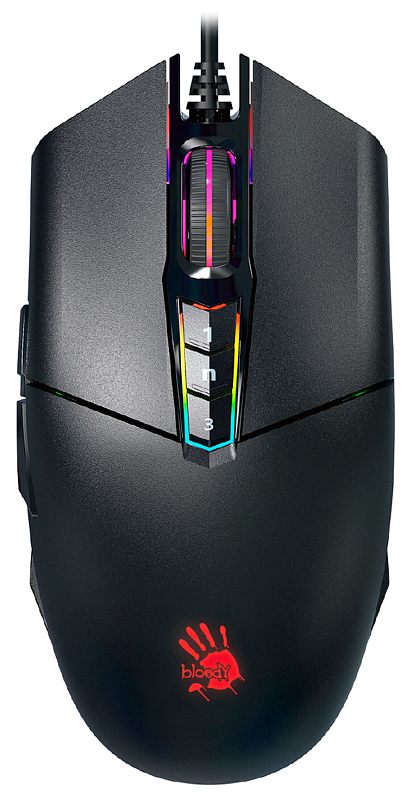 Фото-1 Проводная мышь A4Tech Bloody P91 Pro, вид сверху в чёрном цвете; на фото видны колесо прокрутки с подсветкой, три кнопки переключения режимов под колесом и логотип Bloody на корпусе. Подходит для страницы товара, потому что показывает верхнюю панель управления и форму корпуса.