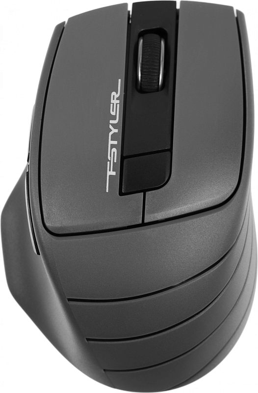 Фото-1 Беспроводная мышь A4Tech Fstyler FG30 Grey, вид сверху; графитовый корпус для правой руки, чёрное колесо прокрутки, кнопка DPI под колесом и рельефные диагональные линии на левой боковой панели; основное изображение товара для страницы модели.
