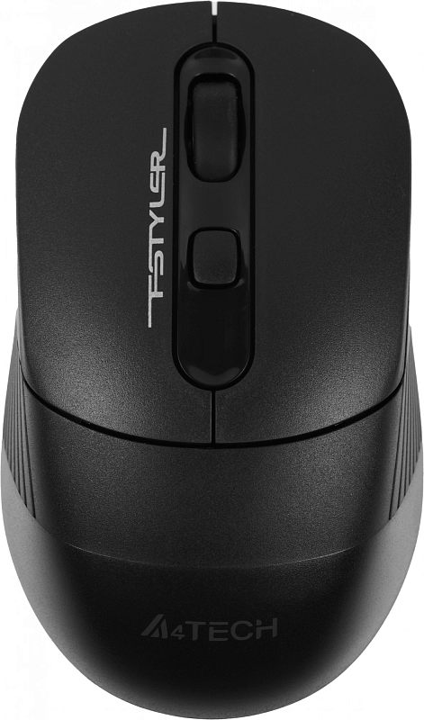 Фото-1 Беспроводная мышь A4Tech Fstyler FB10C Stone Black, вид сверху; видны левая и правая кнопки, колесо прокрутки и отдельная кнопка под колесом, корпус чёрный с матовой текстурой. Фото показывает внешний вид и расположение основных элементов управления модели.