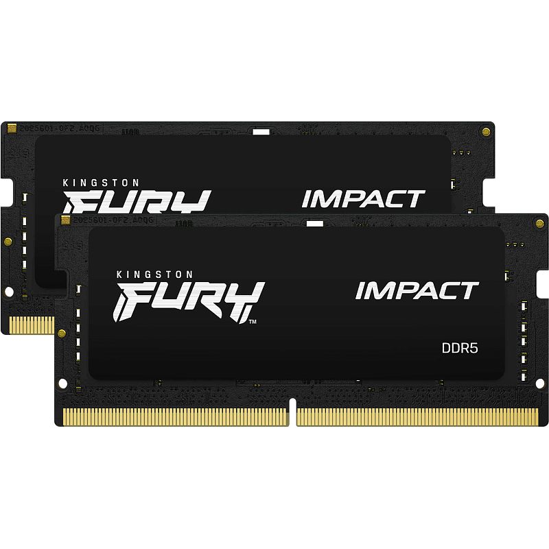 Фото-1 Комплект памяти Kingston FURY Impact PnP KF548S38IBK2/16, два SO-DIMM-модуля спереди на светлом фоне. Видны чёрные наклейки с логотипом Kingston FURY, надпись IMPACT, контактные края и крепёжные отверстия по углам плат. Чёрный цвет. Фото в карточке товара показывает комплект из двух компактных ноутбучных модулей.