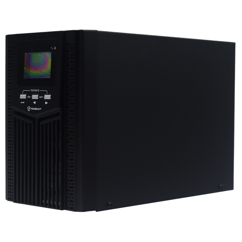 Фото-1 ИБП Raskat HSIO-1000VA+, вид спереди слева; чёрный корпус tower с экраном, тремя кнопками TEST/MUTE и вертикальной вентиляционной решёткой на передней панели; изображение показывает основной внешний вид модели для карточки товара.