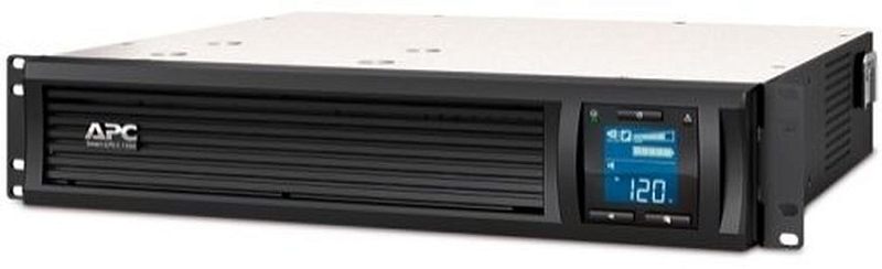 Фото-1 ИБП APC Smart-UPS C SMC1500I-2UC, вид спереди, на фото чёрный rack-корпус 2U с фронтальной решёткой, синим LCD-дисплеем справа и монтажными ушками; изображение нужно для страницы товара, чтобы показать лицевую панель устройства.