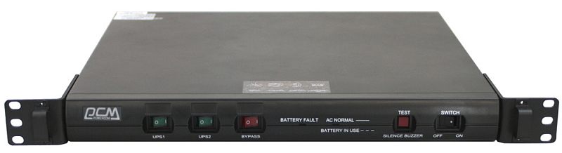 Фото-1 ИБП Powercom King Pro RM KIN-600AP RM, вид спереди: узкий чёрный rack-корпус 1U с монтажными ушками, кнопками UPS1/UPS2/BYPASS, индикаторами Battery Fault и AC Normal, а также тестовой кнопкой и сетевым переключателем; фото важно для просмотра органов управления на лицевой панели.
