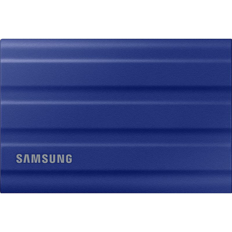 Фото-1 Внешний SSD Samsung T7 Shield 1TB, синий — крупный план верхней поверхности на белом фоне, рельефные ребра и логотип Samsung; показывает текстуру корпуса на странице товара.