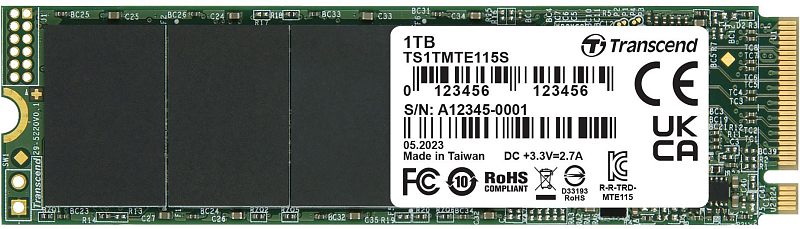 Фото-1 SSD Transcend 115S 1TB M.2 2280, вид сверху на сторону с сервисной наклейкой; зелёная печатная плата, чёрные микросхемы памяти, белая наклейка с моделью TS1TMTE115S и справа золотистый разъём M.2; фото показывает маркировку и компоновку модуля.
