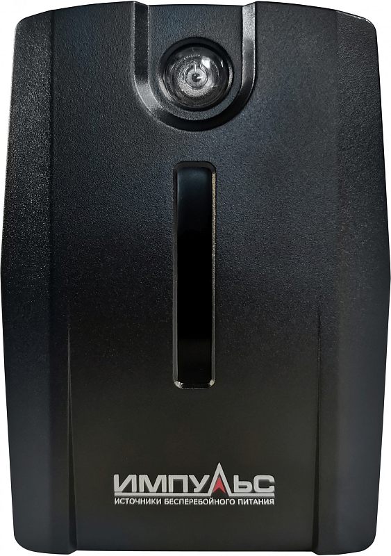 Фото-1 ИБП Импульс Юниор Smart 800VA tower JS80114, вид спереди. На фото чёрный корпус с фактурной поверхностью, круглым верхним индикатором и вертикальной глянцевой вставкой по центру. Это помогает на странице товара идентифицировать лицевую панель и внешний вид устройства.