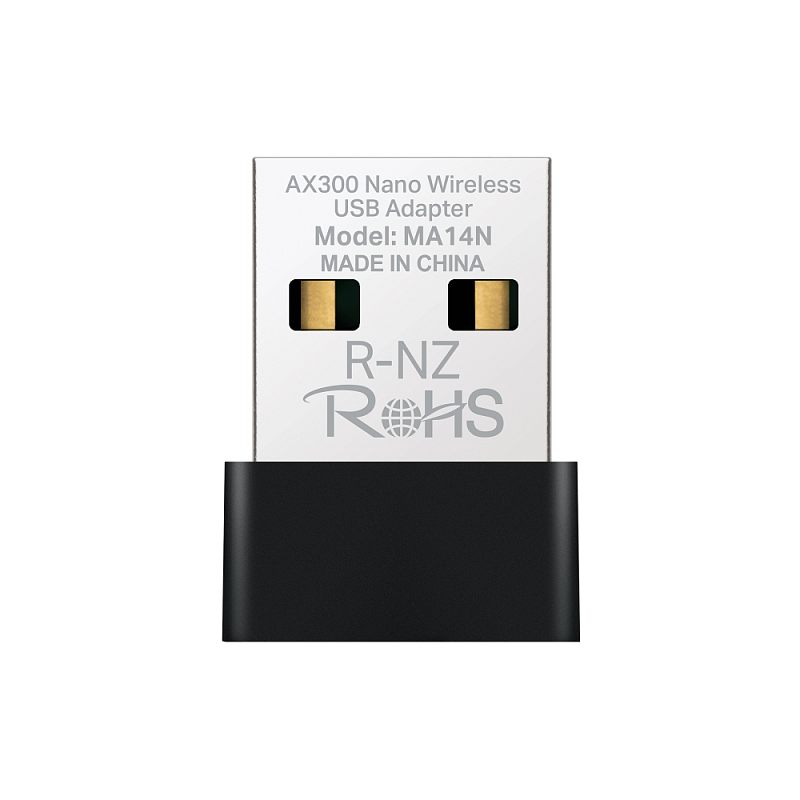 Фото-1 USB Wi‑Fi адаптер Mercusys MA14N — крупный план штекера USB: металлическая часть с маркировкой «AX300 Nano Wireless USB Adapter, Model: MA14N», снизу чёрная пластиковая вставка; важно для идентификации модели и форм‑фактора «нано».
