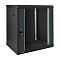 Фото-1 Настенный шкаф ExeGate EC-WM 12U 450 Black, общий вид спереди сбоку; чёрный металлический корпус, дверь со стеклянной вставкой и замком, внутри установлены монтажные стойки 19 дюймов; фото показывает внешний вид чёрной версии шкафа и фронтальный доступ к оборудованию.