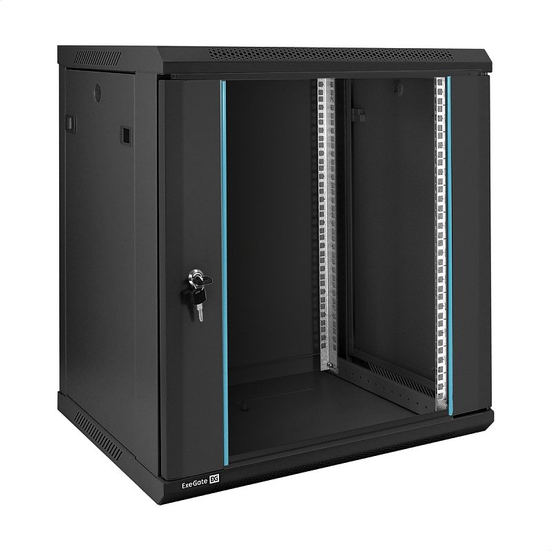 Фото-1 Настенный шкаф ExeGate EC-WM 12U 450 Black, общий вид спереди сбоку; чёрный металлический корпус, дверь со стеклянной вставкой и замком, внутри установлены монтажные стойки 19 дюймов; фото показывает внешний вид чёрной версии шкафа и фронтальный доступ к оборудованию.