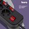 Фото-4 Сетевой фильтр Buro 500SH-1.8-SW-B 1,8 м, чёрный, крупный план торца в промо-кадре: общий красный выключатель, одна розетка Schuko, индикатор и два индивидуальных красных переключателя над розетками; фото акцентирует конструкцию управления розетками на странице товара.