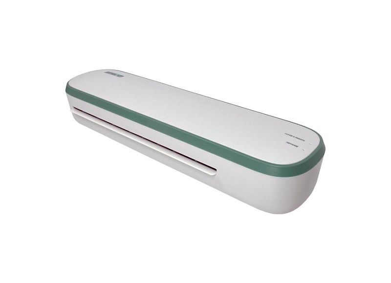 Фото-1 Ламинатор Office Kit L2307G, вид сверху под углом: белый корпус с зелёной окантовкой, фронтальный слот подачи; на верхней панели видны подписи индикации. Контекст: предметное фото на белом фоне. Важно для страницы: показывает внешний вид корпуса и рабочий слот.