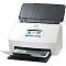 Фото-2 Сканер HP ScanJet Enterprise Flow N7000 snw1, вид спереди под углом: белый корпус, поднятый автоподатчик, цветной сенсорный экран и кнопка питания справа, лист выходит на нижний лоток, фото помогает оценить расположение экрана и лотков.