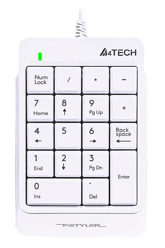 Фото-1 Клавиатура A4Tech Fstyler FK13P, общий вид с подключённым кабелем. Видны USB-кабель, квадратные клавиши цифрового блока, индикатор и логотипы на корпусе. Белый цвет и разложенный кабель показывают комплект и способ подключения на странице товара.