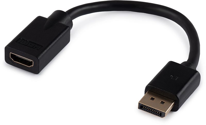 Фото-1 Переходник Buro DisplayPort male to HDMI female BU-HDMI-F-DP-M, общий вид; на фото короткий чёрный адаптер с кабельной перемычкой, штекером DisplayPort и гнездом HDMI; изображение важно для страницы товара, потому что показывает формат переходника и типы интерфейсов.