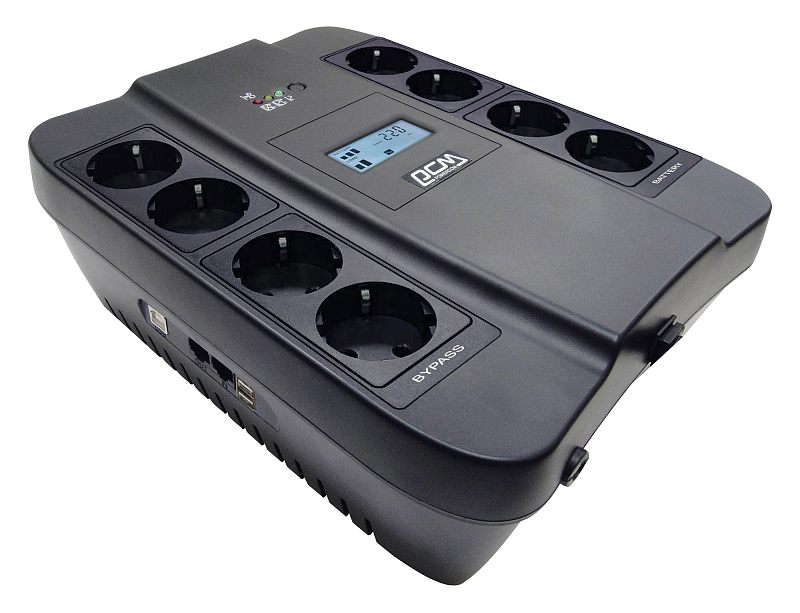 Фото-1 ИБП Powercom Spider SPD-550U LCD USB, вид сверху под углом: плоский корпус чёрного цвета формата brick с восемью розетками Schuko по краям, LCD-дисплеем по центру, светодиодами состояния, USB-портом и сетевыми разъёмами на боковой стороне; фото показывает рабочую панель и расположение розеток для страницы товара ИБП.