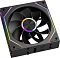 Фото-4 Корпусный вентилятор PCCooler F3 X120R 120 мм F3X12R-BKAC-GL, вид спереди под углом снизу, чёрная рамка с боковой ARGB-вставкой, девять чёрных лопастей и кольцо подсветки на центральной крышке, виден профиль корпуса и фиксаторы на нижней грани, предметная съёмка на светлом фоне для страницы товара, чтобы показать толщину вентилятора и боковую конструкцию.
