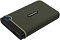 Фото-3 Внешний HDD Transcend StoreJet 25H3 1TB, вид под углом; зелёный бампер по периметру, чёрный торец с текстурой и круглая кнопка с синей окантовкой; на торце виден разъём &mdash; показывает конструкцию и расположение элементов.