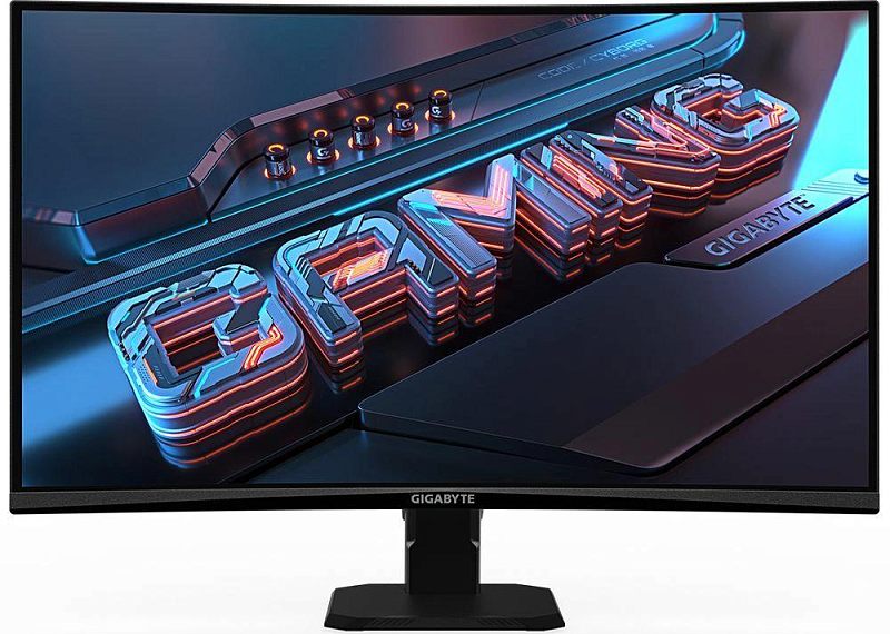 Фото-1 Монитор Gigabyte GS27FC, вид спереди; чёрный изогнутый экран, тонкие рамки, центральная стойка и широкое основание, на дисплее фирменная графика Gigabyte; подходит для карточки товара, чтобы показать фронтальный вид и кривизну панели.