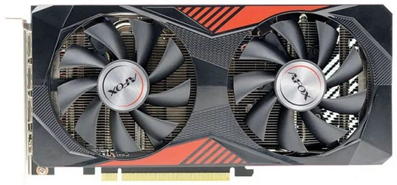 Фото-1 Видеокарта AFOX GeForce RTX 3060, прямой вид спереди на кожух охлаждения; видны два чёрных вентилятора, чёрный корпус с красными диагональными вставками и открытые рёбра радиатора за крыльчатками. Фото важно для страницы товара, чтобы показать лицевую сторону карты.