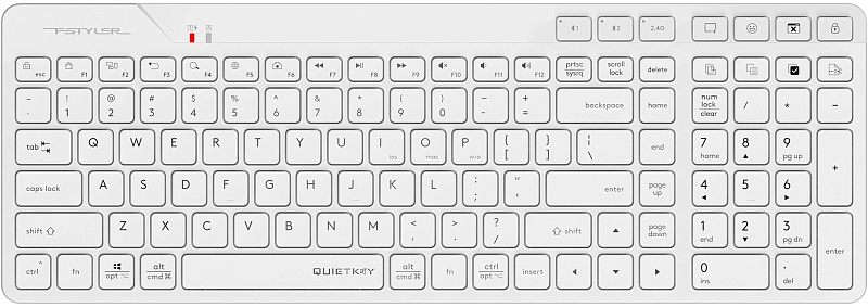 Фото-1 Клавиатура A4Tech Fstyler FBK27C AS, вид сверху. Полноразмерная беспроводная модель с цифровым блоком, белый корпус и клавиши, верхний ряд дополнительных кнопок и индикаторы состояния в верхней части. Изображение показывает раскладку и внешний вид для страницы товара.