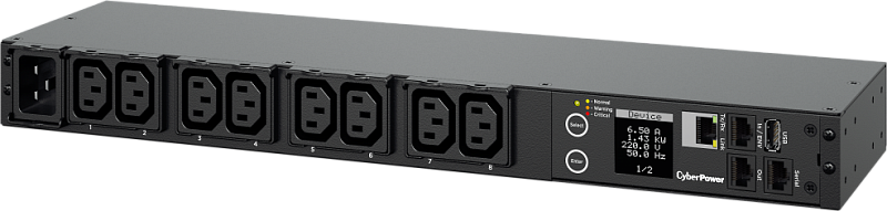 Фото-1 Распределитель питания CyberPower Switched 1U PDU41005, крупный план лицевой панели: восемь выходных разъёмов IEC с нумерацией, справа модуль управления с LCD-экраном, кнопками Select/Enter и световыми индикаторами, рядом сетевой порт RJ-45 и сервисные разъёмы; чёрный металлический корпус; контекст — управляемый PDU для стойки; важно для понимания наличия дисплея и сетевого управления на странице товара.
