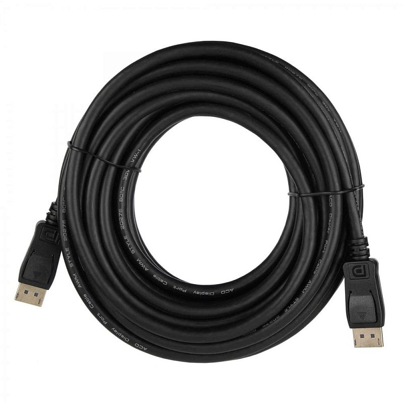 Фото-1 Видеокабель ACD DisplayPort M–DisplayPort M 10 м, вид сверху на кабель в бухте; чёрная круглая оболочка, два DisplayPort-штекера на концах, кабель стянут стяжками, предметная съёмка для страницы товара и оценки длины
