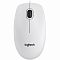 Фото-2 Проводная мышь Logitech B100, белая, вид сверху; показаны две кнопки, центральное колесо прокрутки с тёмной вставкой, логотип Logitech и вход кабеля по центру; изображение важно для темы страницы, потому что показывает компоновку верхней панели и цвет модели.