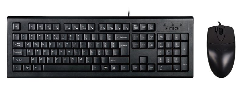 Фото-1 Проводной комплект клавиатуры и мыши A4Tech KR-8520D — вид спереди: клавиатура с цифровым блоком и мышь справа; чёрный пластик, кабели выходят сверху. Для страницы набора показывает состав комплекта и тип клавиатуры.
