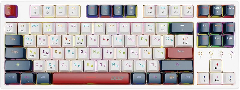 Фото-1 Клавиатура Acer OKR302, вид спереди; компактная раскладка с цифровым блоком, белый корпус, белые клавиши с тёмно-синими и красными акцентами, отдельный блок стрелок и цифровой секции. Для страницы товара важно, потому что фото показывает раскладку и цвет исполнения клавиатуры.