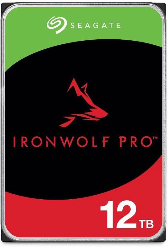Фото-1 Жёсткий диск Seagate IronWolf Pro 12TB 3.5", фронтальный вид этикетки на белом фоне: корпус с серебристой рамкой, зелёно-чёрно-красная лицевая наклейка, крупная маркировка серии IronWolf Pro и объёма 12 TB; фото помогает идентифицировать модель в карточке HDD.