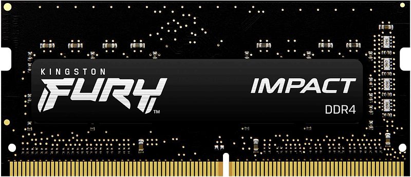 Фото-1 Модуль памяти Kingston FURY Impact 16GB KF432S20IB/16, вид спереди: один модуль SO-DIMM DDR4 на белом фоне. Видны чёрная наклейка FURY IMPACT, чёрная плата и золотистые контакты по нижнему краю. Фото показывает лицевую сторону модуля для страницы товара.