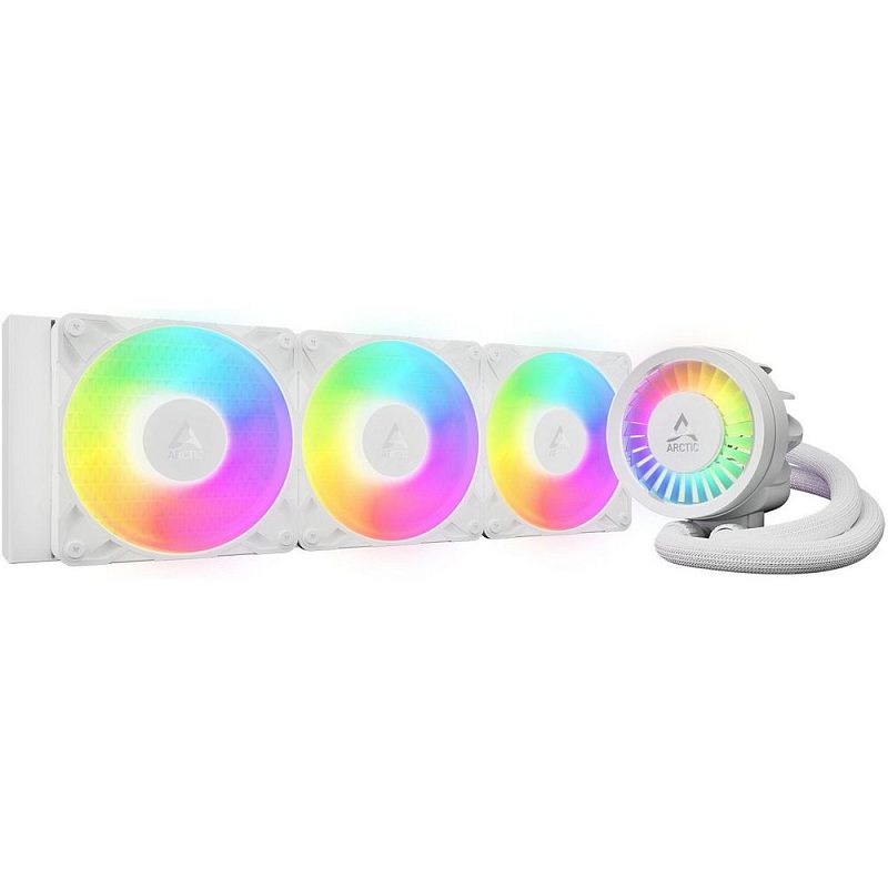 Фото-1 Система водяного охлаждения ARCTIC Liquid Freezer III Pro 360 A-RGB — общий вид комплекта: белый радиатор с тремя вентиляторами с подсветкой и белая помпа; белые шланги в оплётке, показано подключение водоблока к радиатору в сборке ПК.
