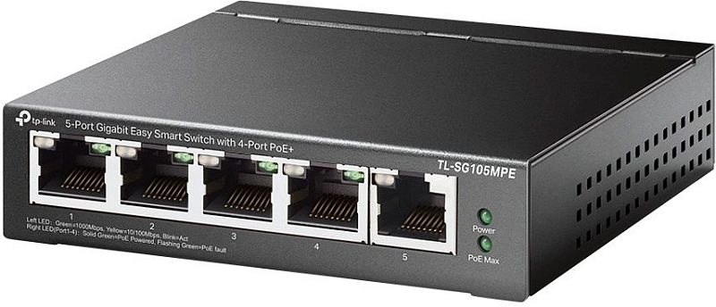 Фото-1 Коммутатор TP-Link TL-SG105MPE, вид спереди под углом; показаны чёрный металлический корпус, 5 портов RJ-45, подпись 4-Port PoE+, индикаторы Power и PoE Max справа и боковые вентиляционные отверстия; изображение раскрывает конструкцию компактного PoE-коммутатора для страницы товара.