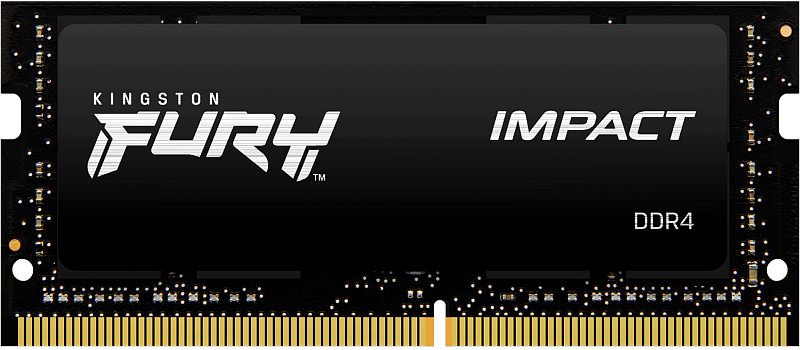 Фото-1 Модуль памяти Kingston FURY Impact 32GB KF432S20IB/32, вид спереди: один модуль SO-DIMM DDR4 на чёрной плате. Видны крупная чёрная наклейка, серебристые надписи FURY IMPACT, открытые элементы платы по краям и золотистые контакты. Фото показывает лицевую сторону компактного модуля для ноутбука.