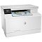Фото-2 МФУ HP Color LaserJet Pro M182n, вид спереди под углом с другой стороны; белый корпус, слева панель управления с небольшим дисплеем и кнопками, лист в выходном проёме; на белом фоне, чтобы показать общий вид и расположение панели.