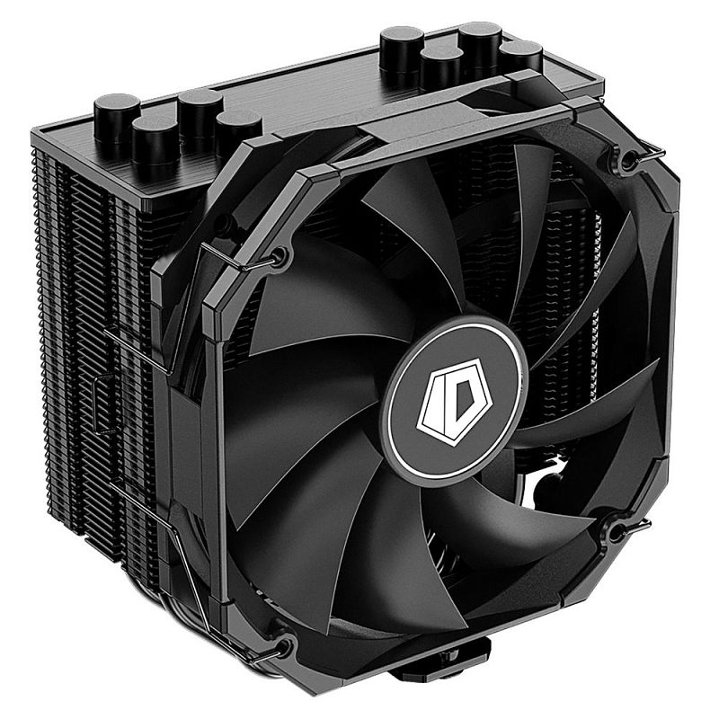 Фото-1 Кулер для процессора ID‑COOLING SE‑224‑XTS MINI Black — вид спереди под углом: чёрный вентилятор на чёрном ребристом радиаторе, сверху крышка с текстурой «шлифованный металл» и круглые колпачки тепловых трубок; фото на белом фоне показывает общий вид и верхнюю панель.