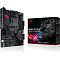 Фото-1 Материнская плата ASUS ROG Strix B550-F Gaming ATX, общий вид платы и коробки; на фото чёрная плата формата ATX с четырьмя слотами памяти, радиаторами и декоративной подсветкой ROG, рядом показана упаковка для страницы товара материнской платы.