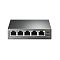 Фото-3 Коммутатор TP-Link TL-SF1005P, фронтальный вид. На фото 5 портов RJ-45, справа индикаторы Power и PoE Max, тёмно-серый металлический корпус и маркировка модели на лицевой панели. Изображение показывает расположение портов и индикации для карточки товара.