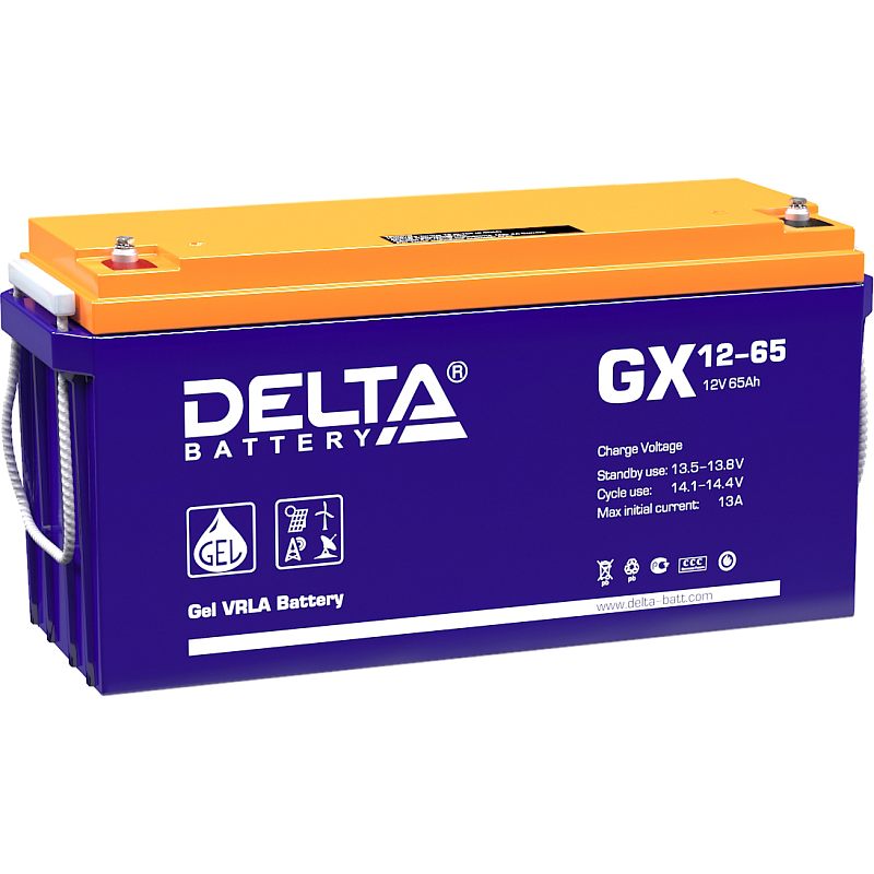 Фото-1 Гелевая аккумуляторная батарея для ИБП Delta GX12-65, вид сбоку на белом фоне: фиолетовый корпус с оранжевой крышкой, верхние клеммы и ременная ручка; маркировка GX12-65 и 12V 65Ah на боковой этикетке — важно для точной идентификации модели на странице товара.