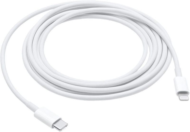 Фото-1 USB-кабель Apple USB‑C to Lightning MQGH2ZM/A, общий вид сверху: белый кабель 2,00 м, видны разъёмы USB Type-C и Lightning, корпуса коннекторов прямые и гладкие; фото помогает определить совместимость по типам разъёмов для страницы о подключении и зарядке устройств Apple.
