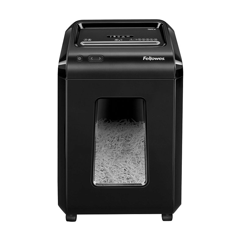 Фото-1 Уничтожитель бумаги Fellowes 92Cs, вид спереди: чёрный корпус, верхний загрузочный слот и панель управления, спереди прозрачное окно с видимой бумагой в корзине, на колёсиках; демонстрирует внешний вид и контроль заполнения контейнера.
