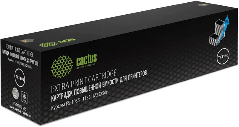 Фото-1 Тонер-картридж Cactus TK-1140 CS-TK1140-MPS, коробка под углом спереди-слева; чёрная упаковка с надписью Extra Print Cartridge, маркировкой TK1140 и пиктограммой MPS. Фото показывает упаковку версии повышенной ёмкости и обозначение модели.