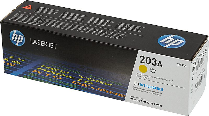 Фото-1 Картридж HP 203A CF542A, жёлтый, коробка с фронтально-бокового ракурса на светлом фоне; видны логотип HP, цветовой маркер Yellow и белая боковая панель с моделью, подходит для страницы товара лазерного картриджа HP.