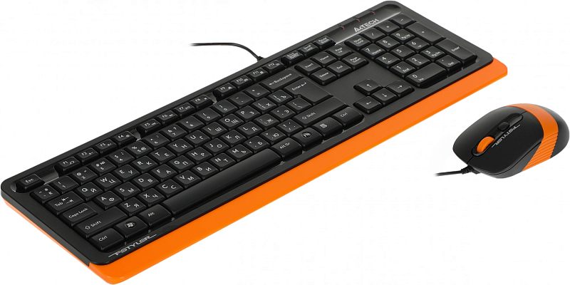 Фото-1 Комплект клавиатура и мышь A4Tech F1010 (Orange), общий вид под углом: чёрная клавиатура на оранжевой подложке и проводная мышь чёрно-оранжевая на белом фоне; показаны раскладка клавиш и форма корпуса мыши для понимания внешнего вида набора на странице товара.